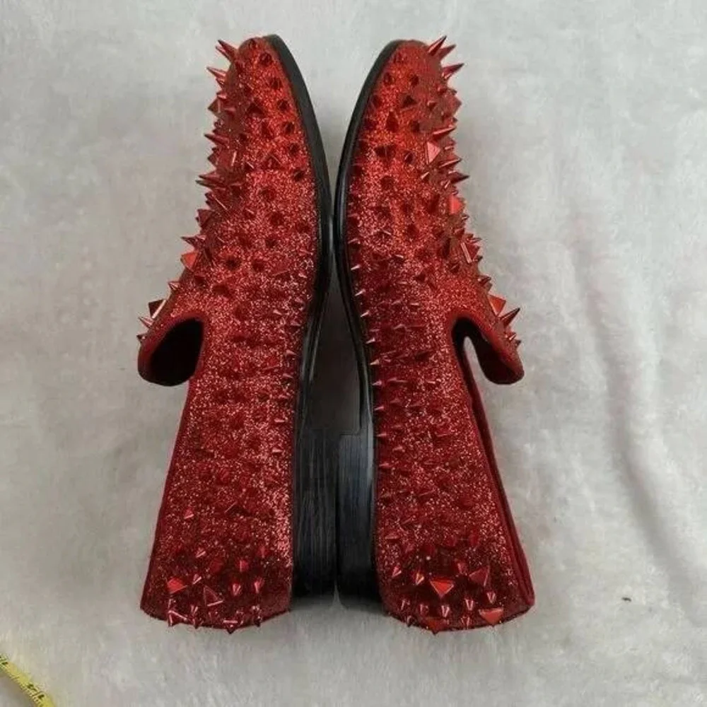 Royal‎ Shoes Mens Red Glitter Spiked Loafers Studded Slip On Dress Shoes Size 10